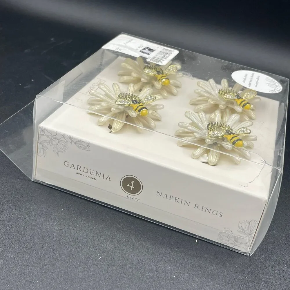 Mud Pie Gardenia Daisy Bee Napkin Rings White Gold Enamel Set of 4 Sealed Box